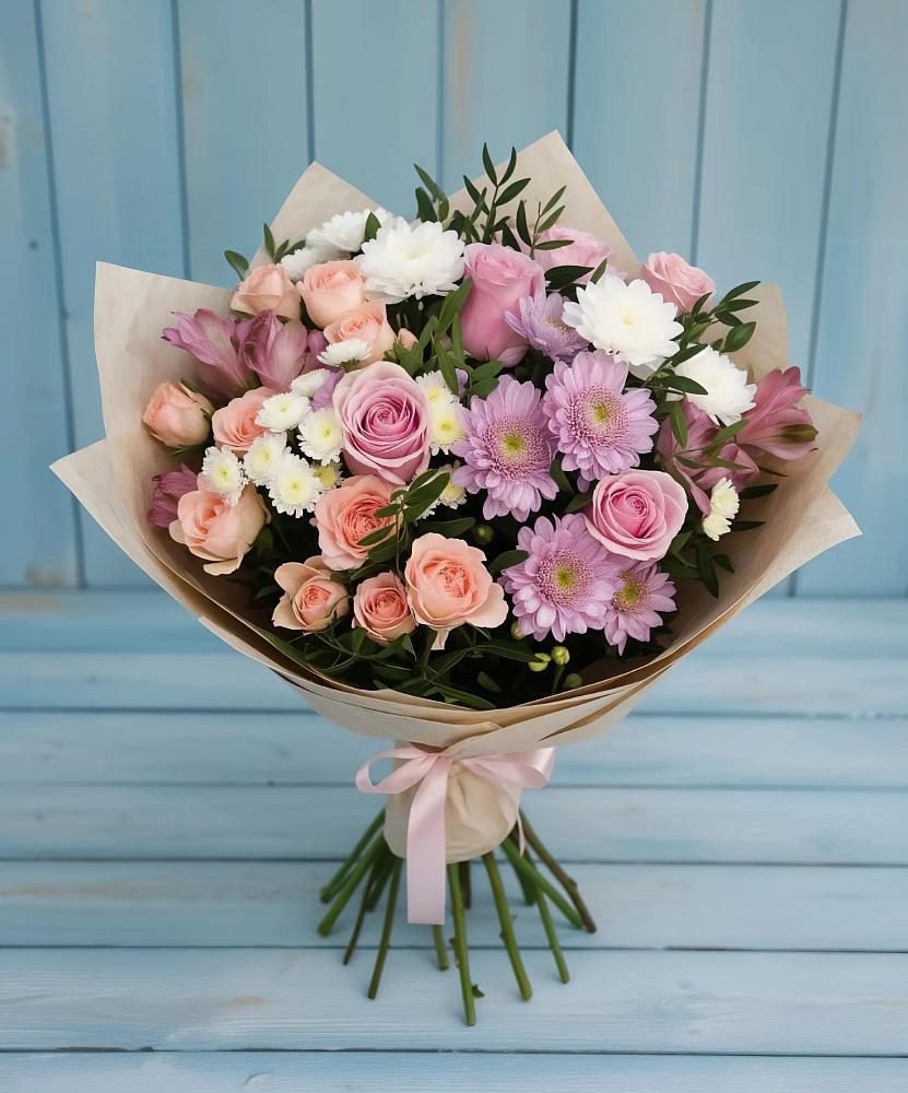 Букет цветов из: Хризантемы, Розы и Альстромерии в Краснофлотском