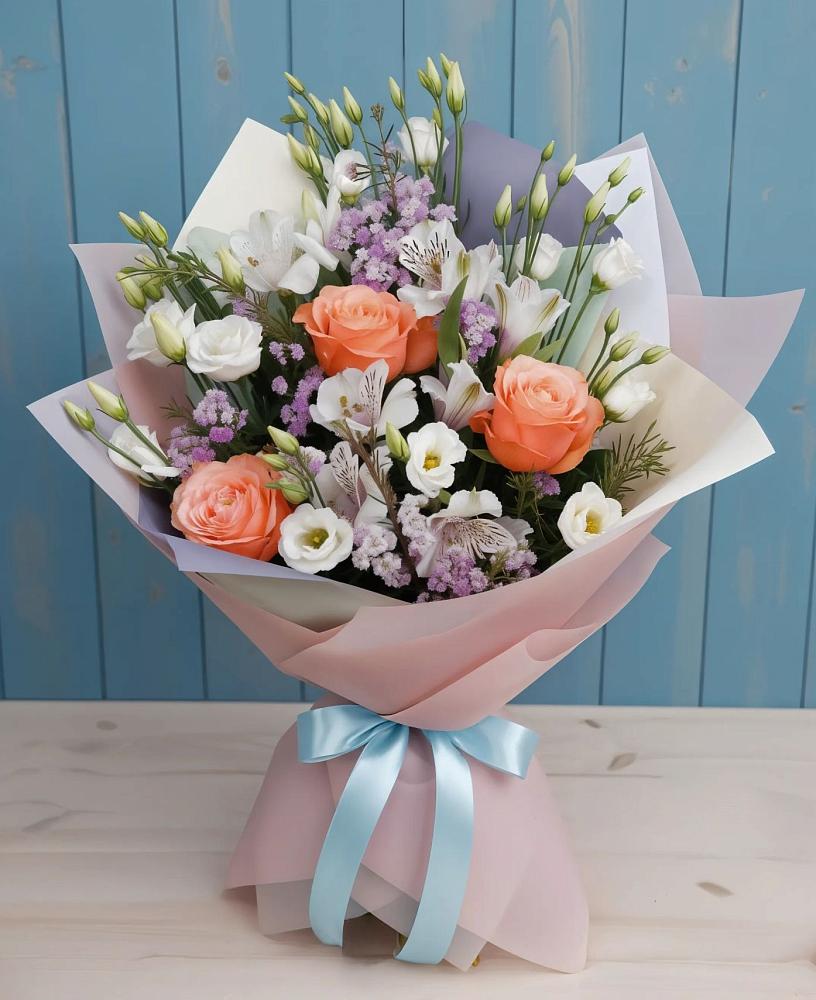 Букет цветов из: Лизиантусы, Розы, Альстромерии и Гипсофила в Краснофлотском