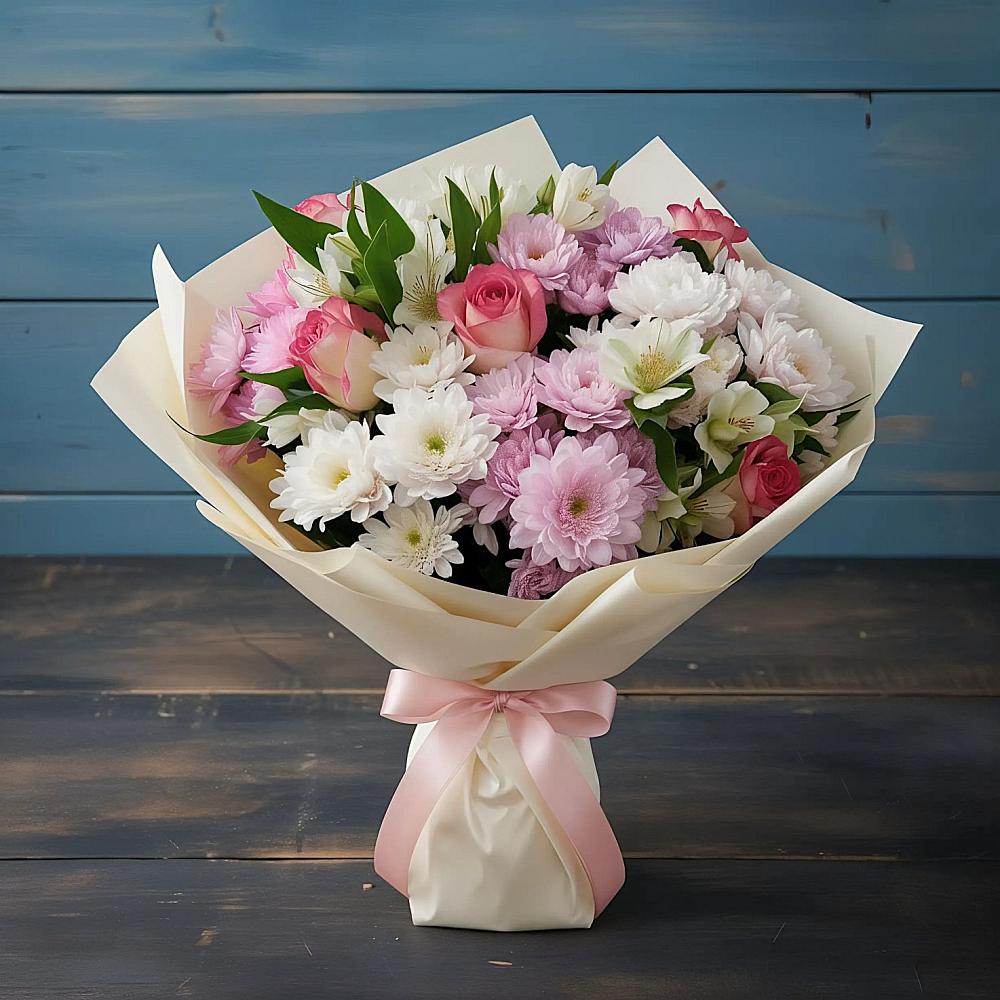 Букет цветов из: Хризантемы, Альстромерии и Розы в Краснофлотском